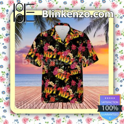 Kiss Rock Band Floral Pattern Summer Hawaiian Shirt, Mens Shorts