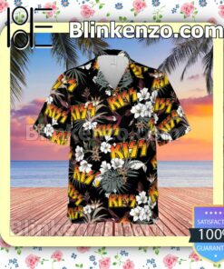 Kiss Rock Band Tropical Forest Black Summer Hawaiian Shirt, Mens Shorts