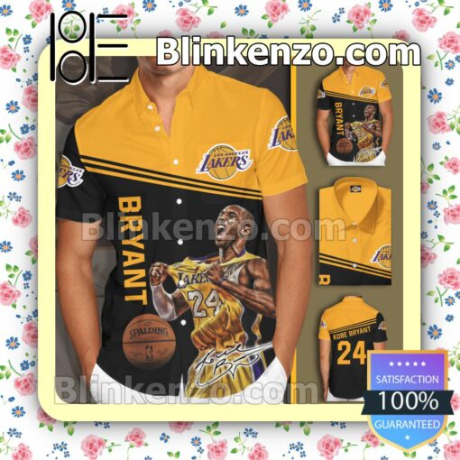 Kobe Bryant 24 Signature Los Angeles Lakers Black Yellow Summer Hawaiian Shirt, Mens Shorts
