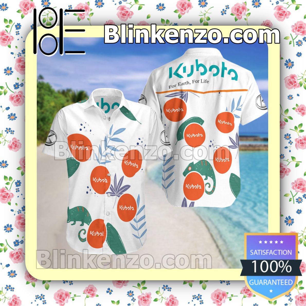 Kubota For Earth For Life White Summer Hawaiian Shirt, Mens Shorts