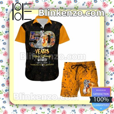 Lady & Tramp 50th Anniversary Glitter Disney Castle Black Orange Summer Hawaiian Shirt, Mens Shorts