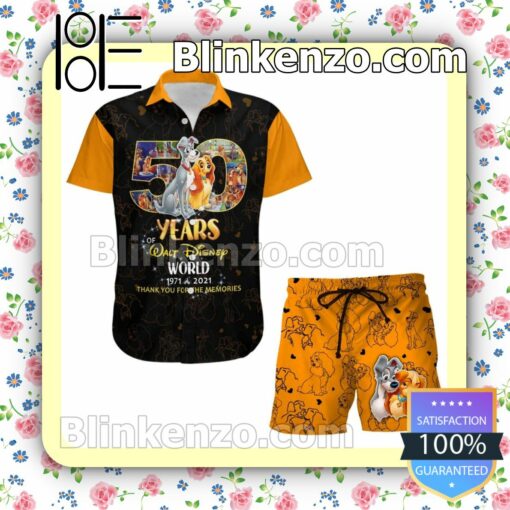 Lady & Tramp 50th Anniversary Glitter Disney Castle Black Orange Summer Hawaiian Shirt, Mens Shorts