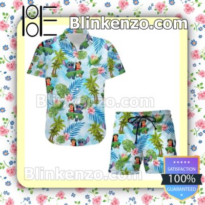Lilo & Stitch Palm Tree Disney Cartoon Graphics Combo Aloha Light Blue Summer Hawaiian Shirt