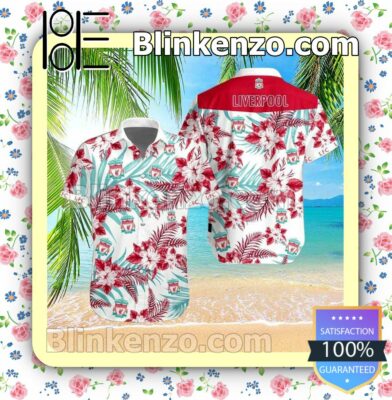 Liverpool Logo Tropical Pattern Blue Leaf Print White Summer Shirt