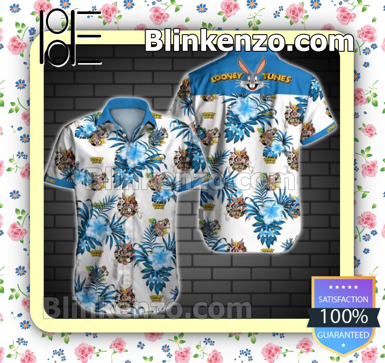 Looney Tunes Blue Tropical Floral White Summer Shirts