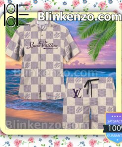 Louis Vuitton Beige And Purple Checkerboard Luxury Beach Shirts, Swim Trunks
