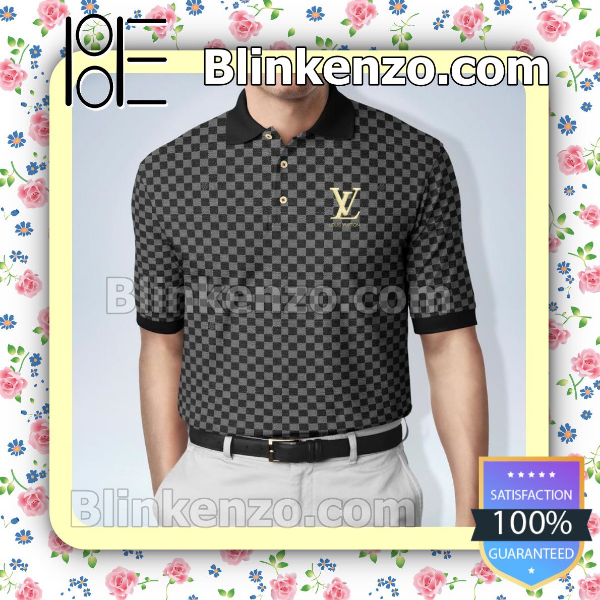 Louis Vuitton Black And Gray Check Pattern With Yellow Logo Embroidered Polo Shirts