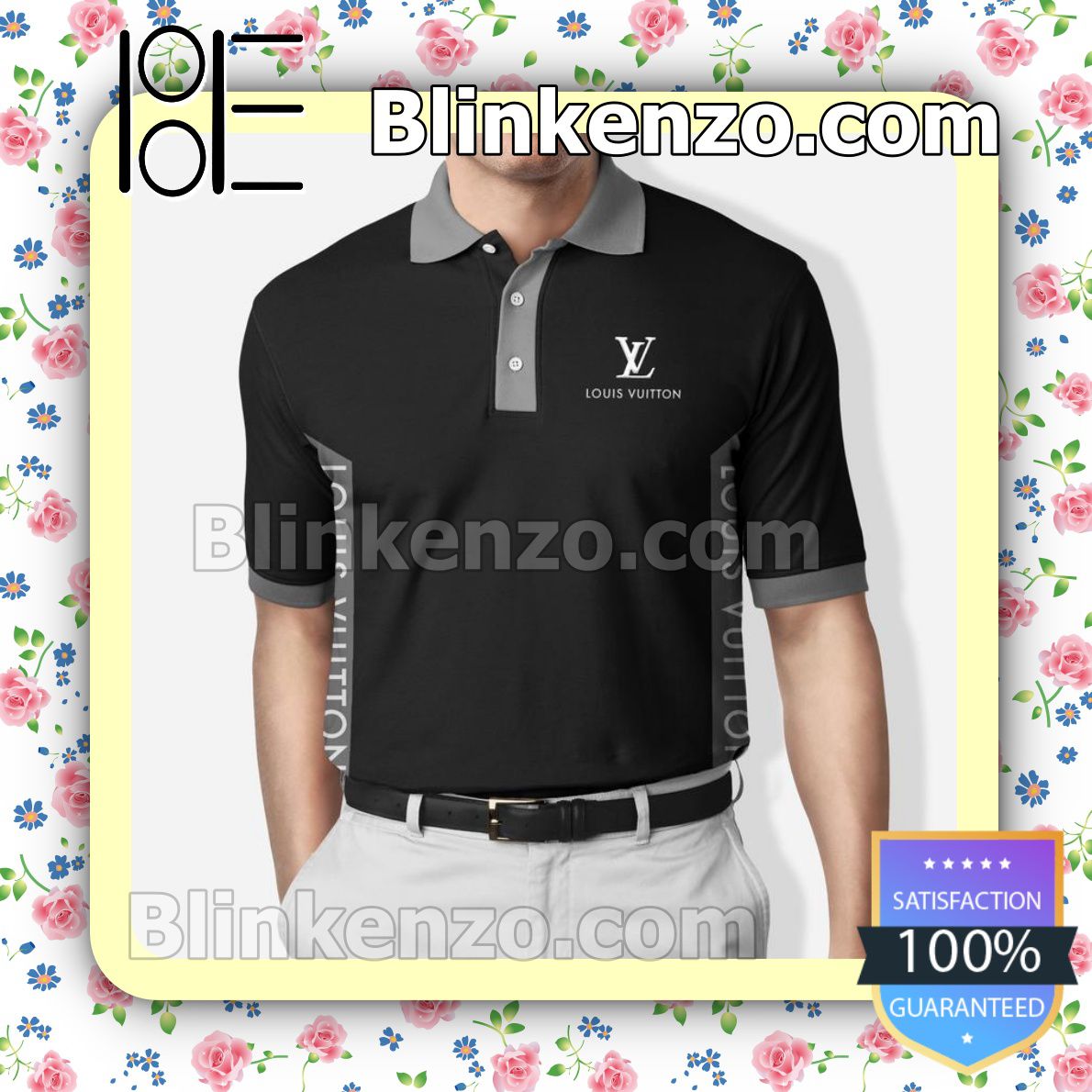 Louis Vuitton Black With Grey Collar Embroidered Polo Shirts