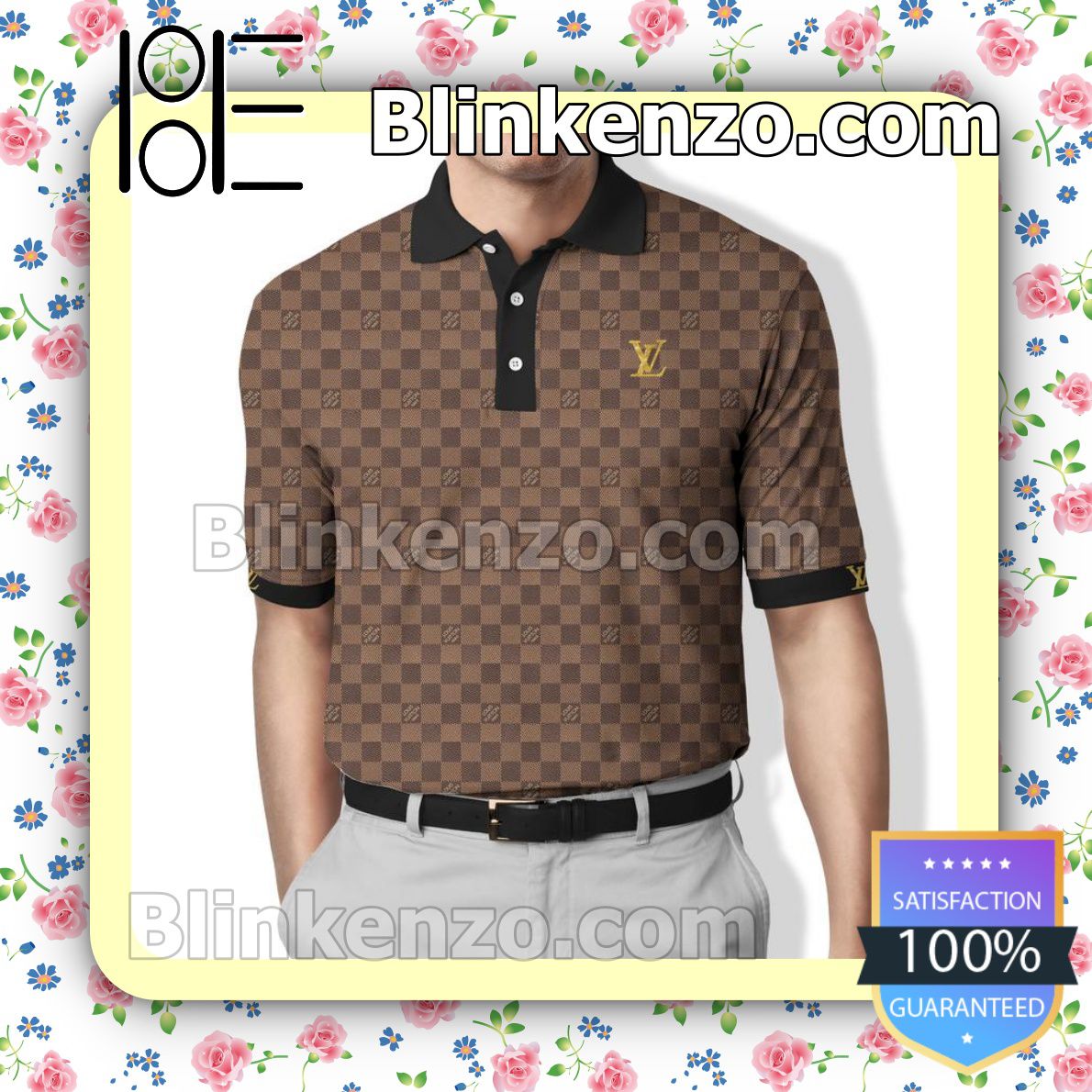 Louis Vuitton Brown Checkerboard With Yellow Logo Full Print Embroidered Polo Shirts