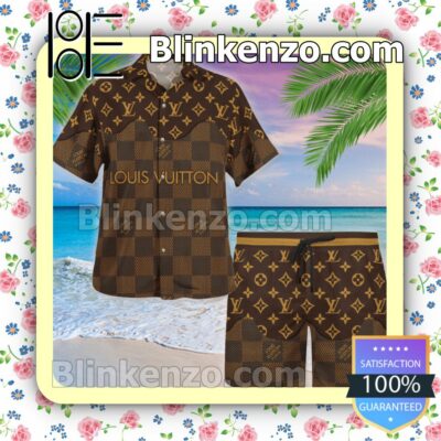 Louis Vuitton Dark Brown Checkerboard Mix Logo Monogram Luxury Beach Shirts, Swim Trunks
