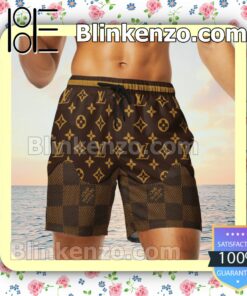 Louis Vuitton Dark Brown Checkerboard Mix Logo Monogram Luxury Beach Shirts, Swim Trunks c