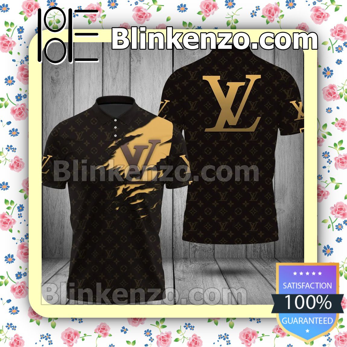 Louis Vuitton Dark Monogram With Ripped Lv Logo Embroidered Polo Shirts