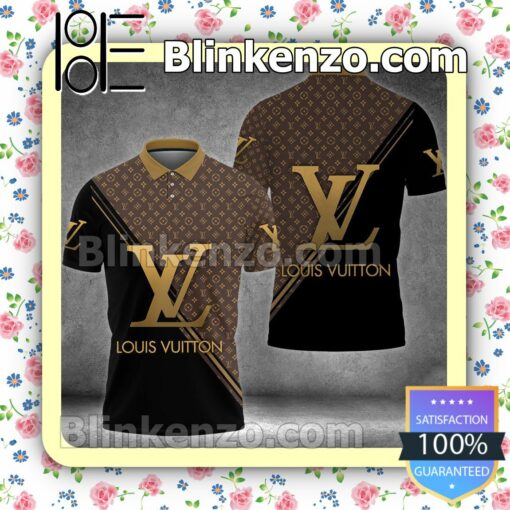 Louis Vuitton Gold Logo Combine Black And Dark Brown Monogram Embroidered Polo Shirts