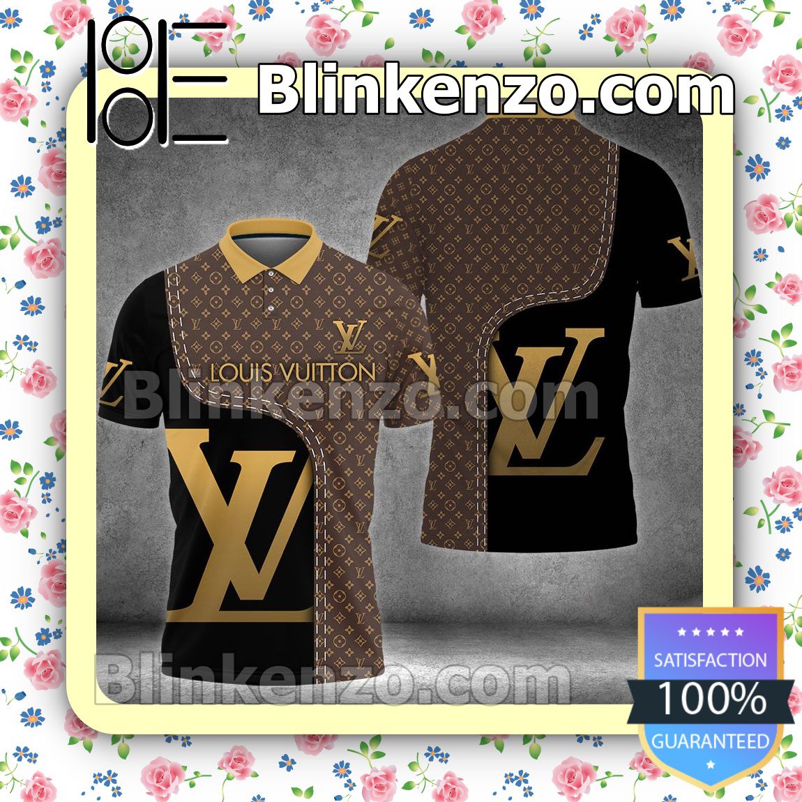 Louis Vuitton Gold Logo Dark Brown Monogram Mix Black Embroidered Polo Shirts