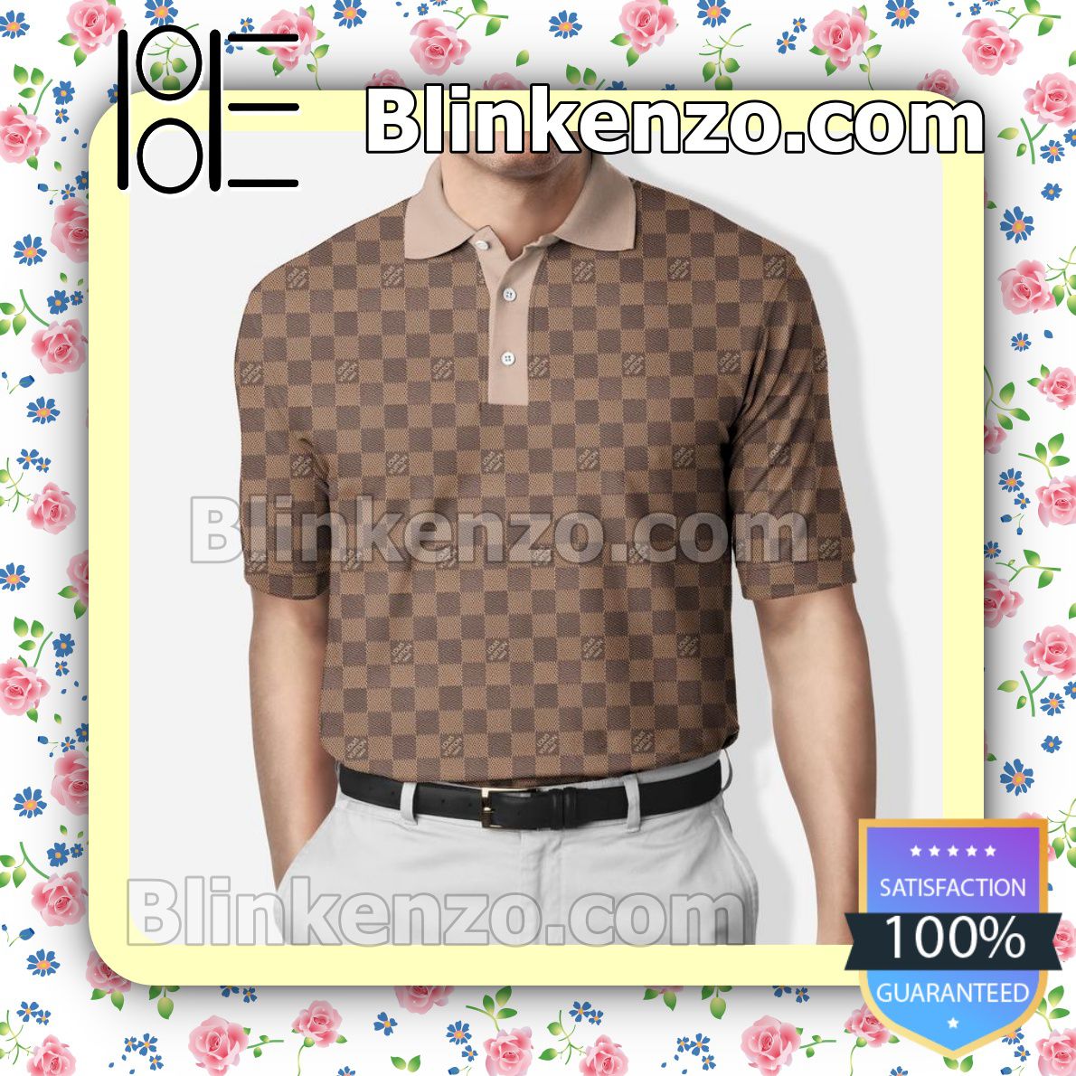 Louis Vuitton Light Brown Checkerboard Full Print Embroidered Polo Shirts