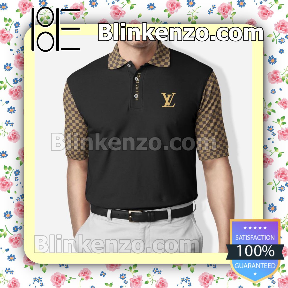 Louis Vuitton Lv Check Pattern On Sleeves And Collar Black Embroidered Polo Shirts