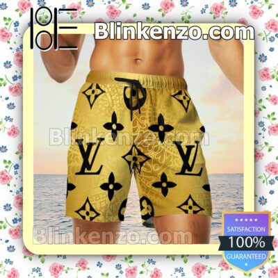 Louis Vuitton Monogram Black Mix Gold Luxury Beach Shirts, Swim Trunks c