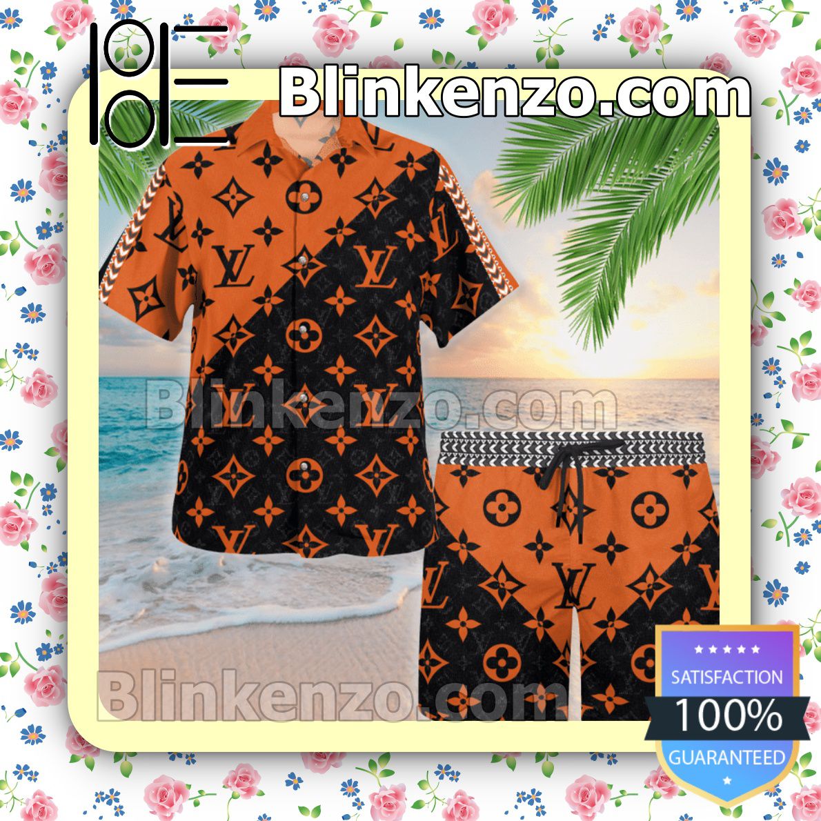 Louis Vuitton Monogram Black Mix Orange Luxury Beach Shirts, Swim Trunks