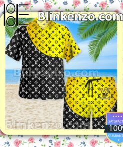 Louis Vuitton Monogram Black Mix Yellow Luxury Beach Shirts, Swim Trunks