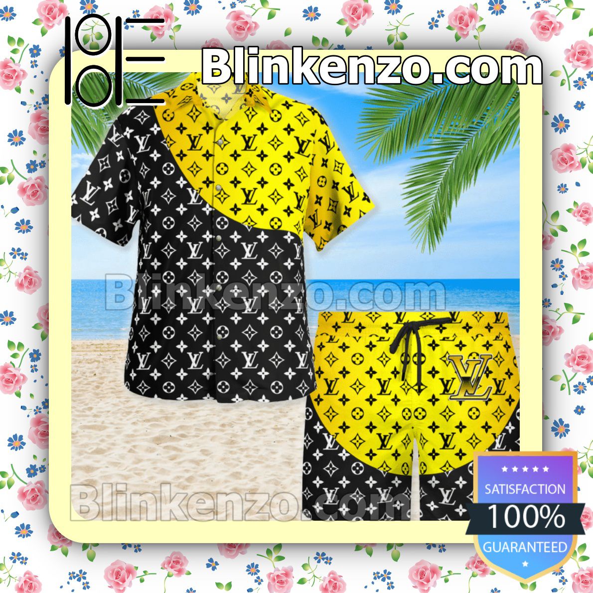 Louis Vuitton Monogram Black Mix Yellow Luxury Beach Shirts, Swim Trunks