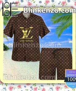 Louis Vuitton Monogram With Big Golden Logo Dark Brown Luxury Beach Shirts,  Swim Trunks - Blinkenzo