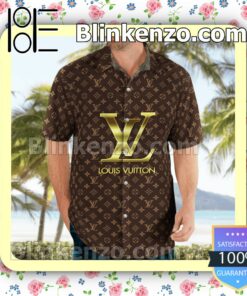 Louis Vuitton Monogram With Big Golden Logo Dark Brown Luxury Beach Shirts,  Swim Trunks