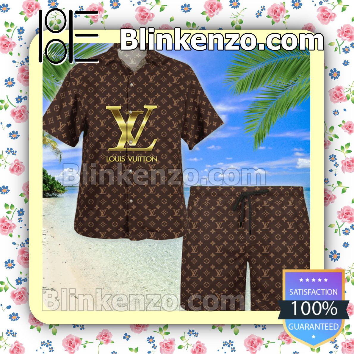 Louis Vuitton Monogram With Big Golden Logo Dark Brown Luxury Beach Shirts, Swim Trunks