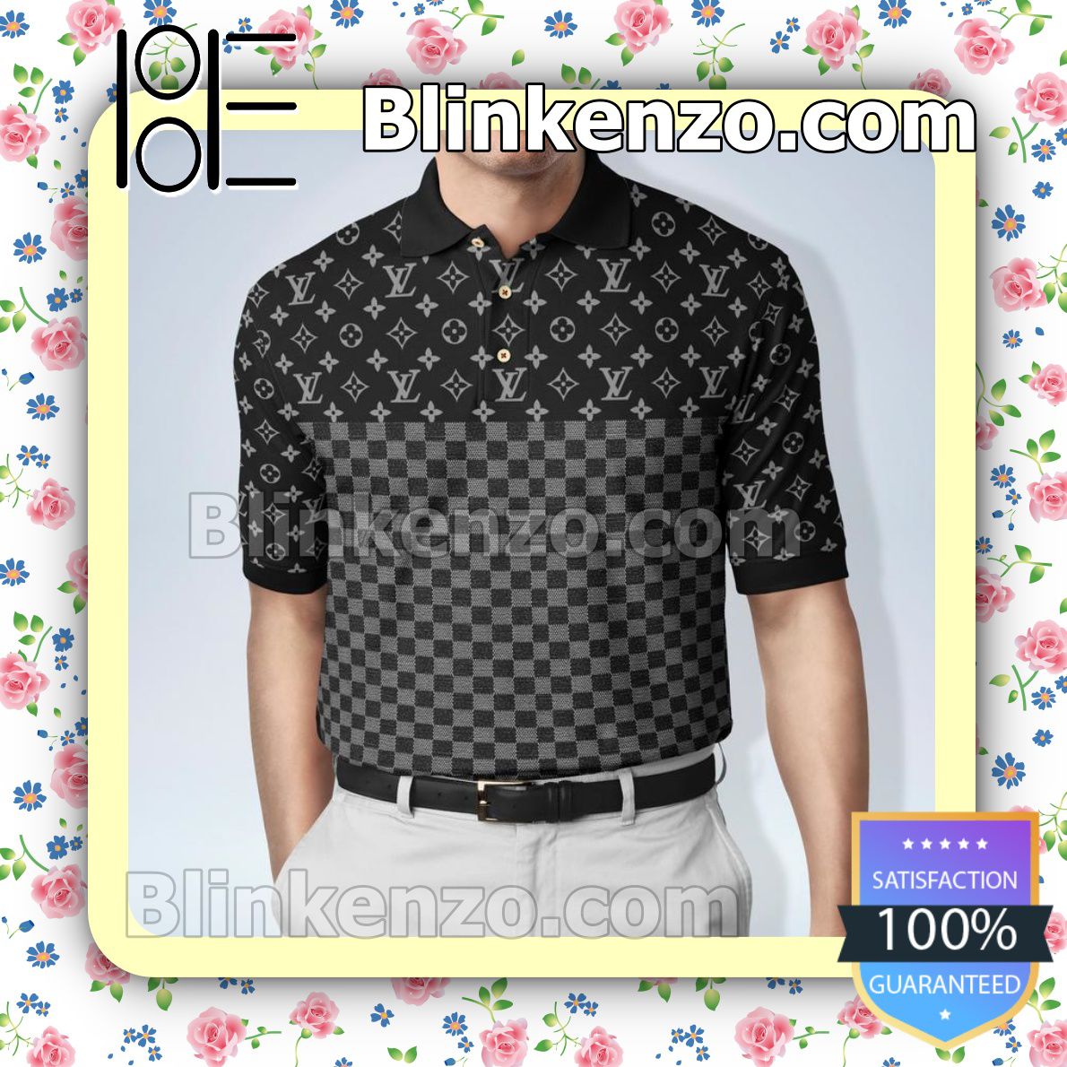 Louis Vuitton Monogram With Black And Grey Check Pattern Embroidered Polo Shirts