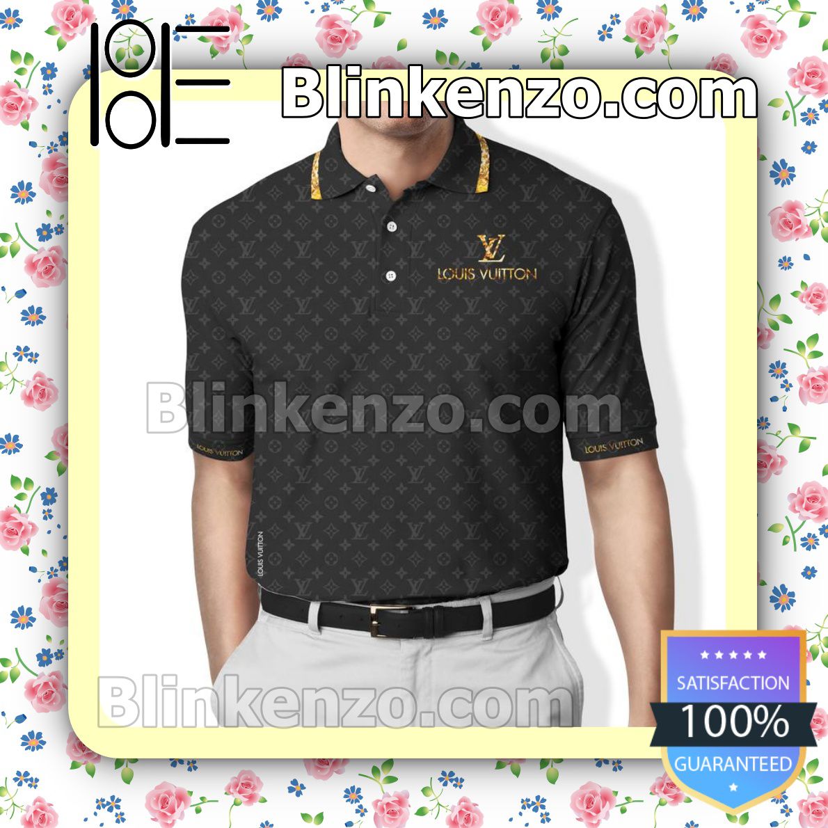 Louis Vuitton Monogram With Gold Logo On Chest Black Embroidered Polo Shirts