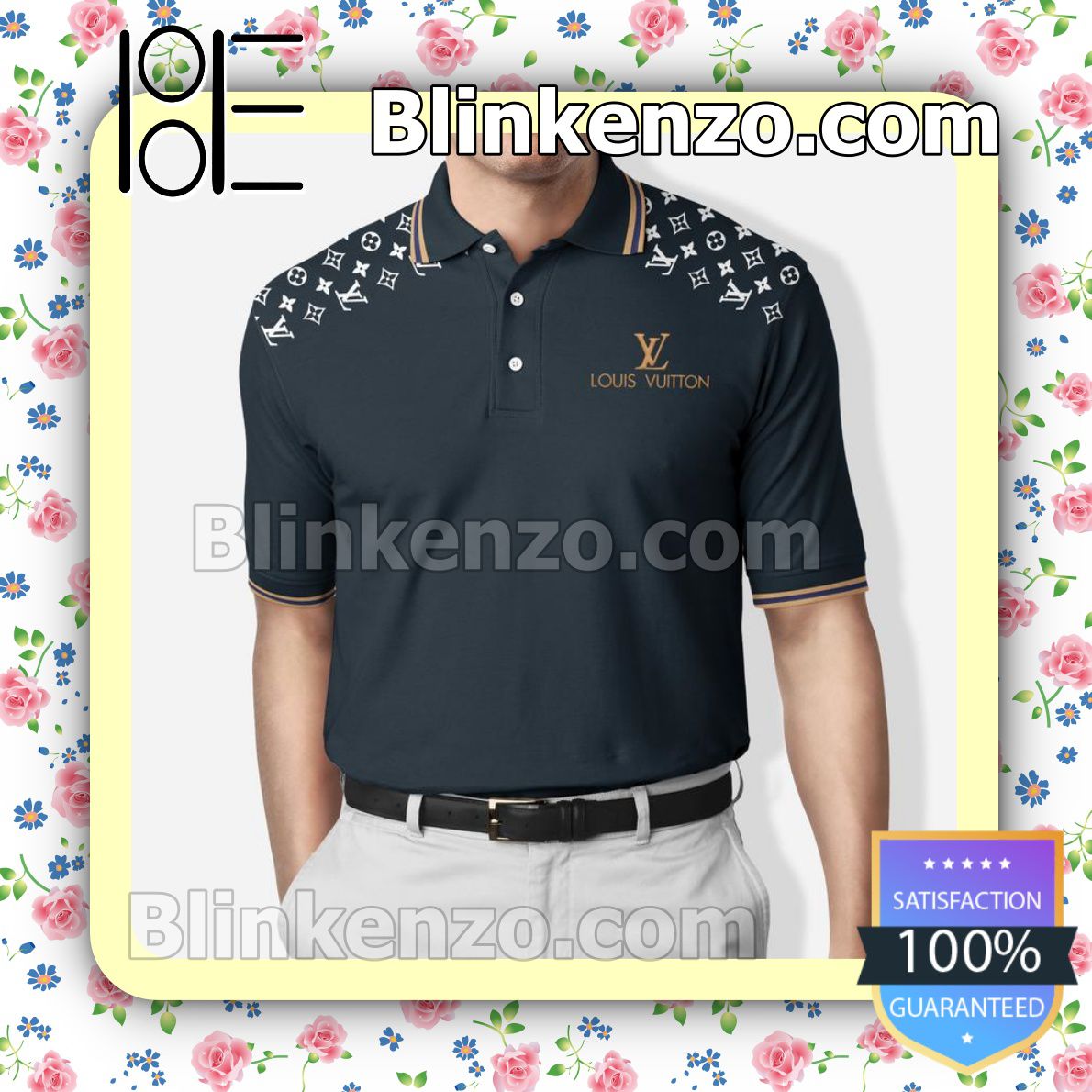 Louis Vuitton Navy With White Logo Monogram On Shoulders Embroidered Polo Shirts