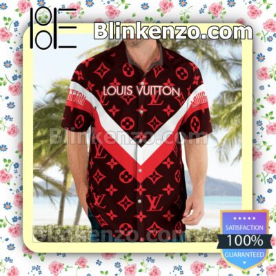 Louis Vuitton Red Monogram With Big V Center Luxury Beach Shirts, Swim Trunks