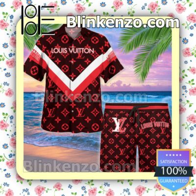 Louis Vuitton Red Monogram With Big V Center Luxury Beach Shirts, Swim Trunks x