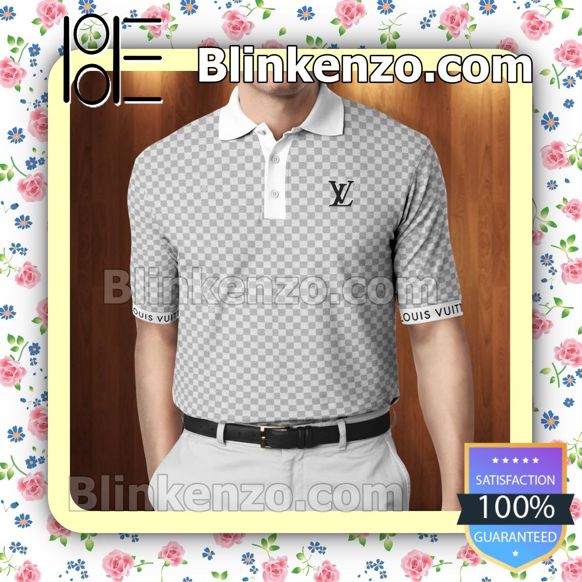 Louis Vuitton White And Grey Checkerboard Full Print Embroidered Polo Shirts