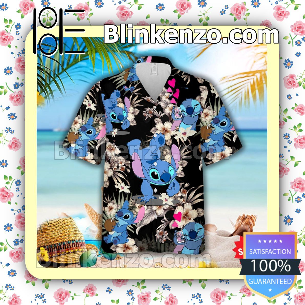 Lovely Stitch Disney Cartoon Graphics Hibicus Black Summer Hawaiian Shirt, Mens Shorts