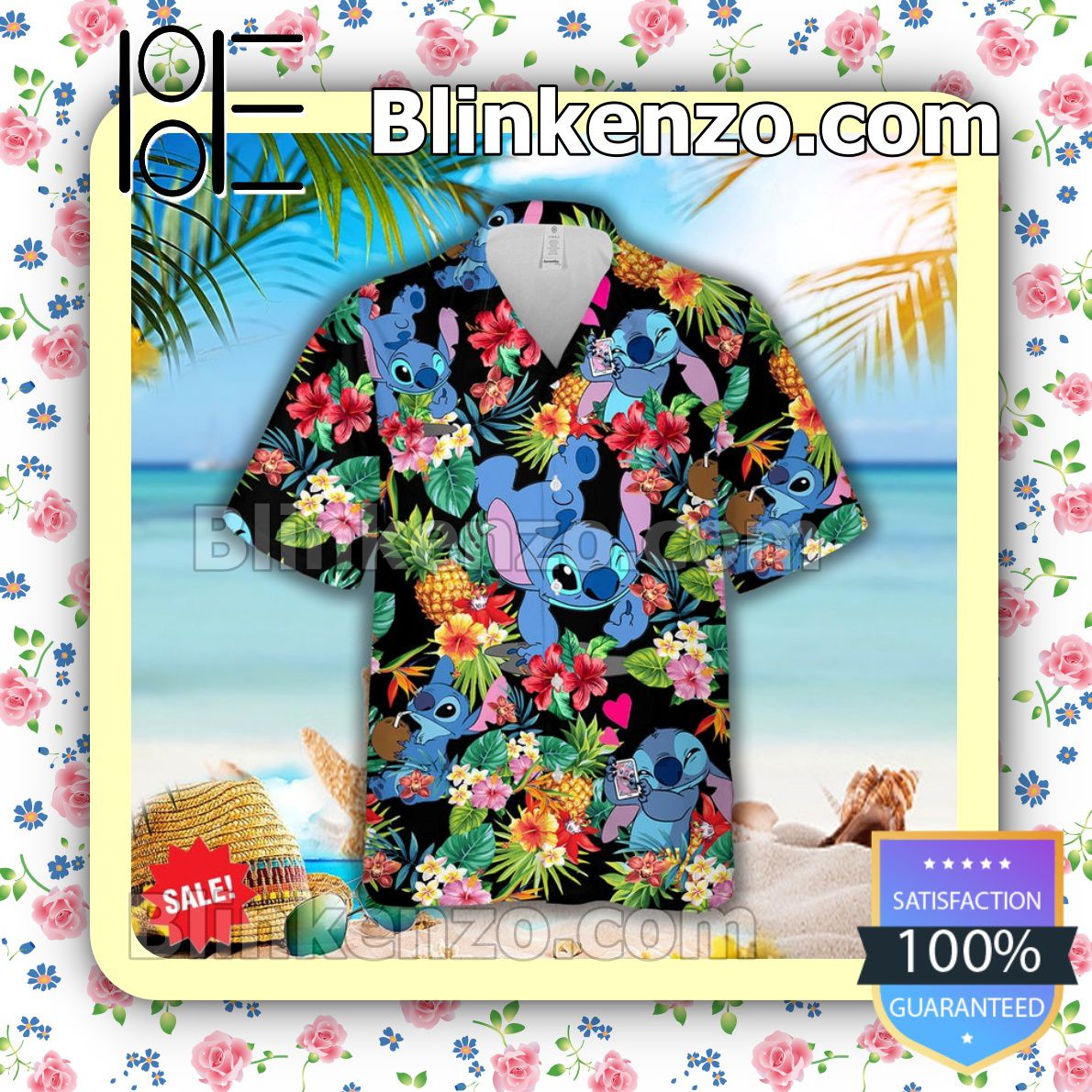 Lovely Stitch Disney Cartoon Graphics Pineapple Black Summer Hawaiian Shirt, Mens Shorts