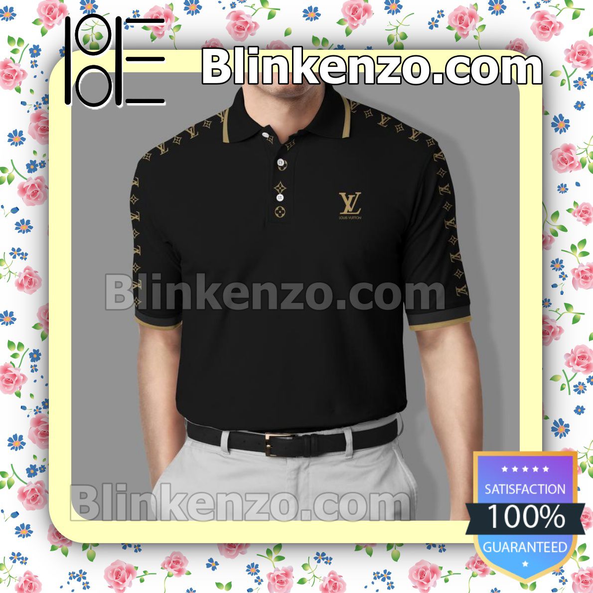 Lv Louis Vuitton Black Embroidered Polo Shirts