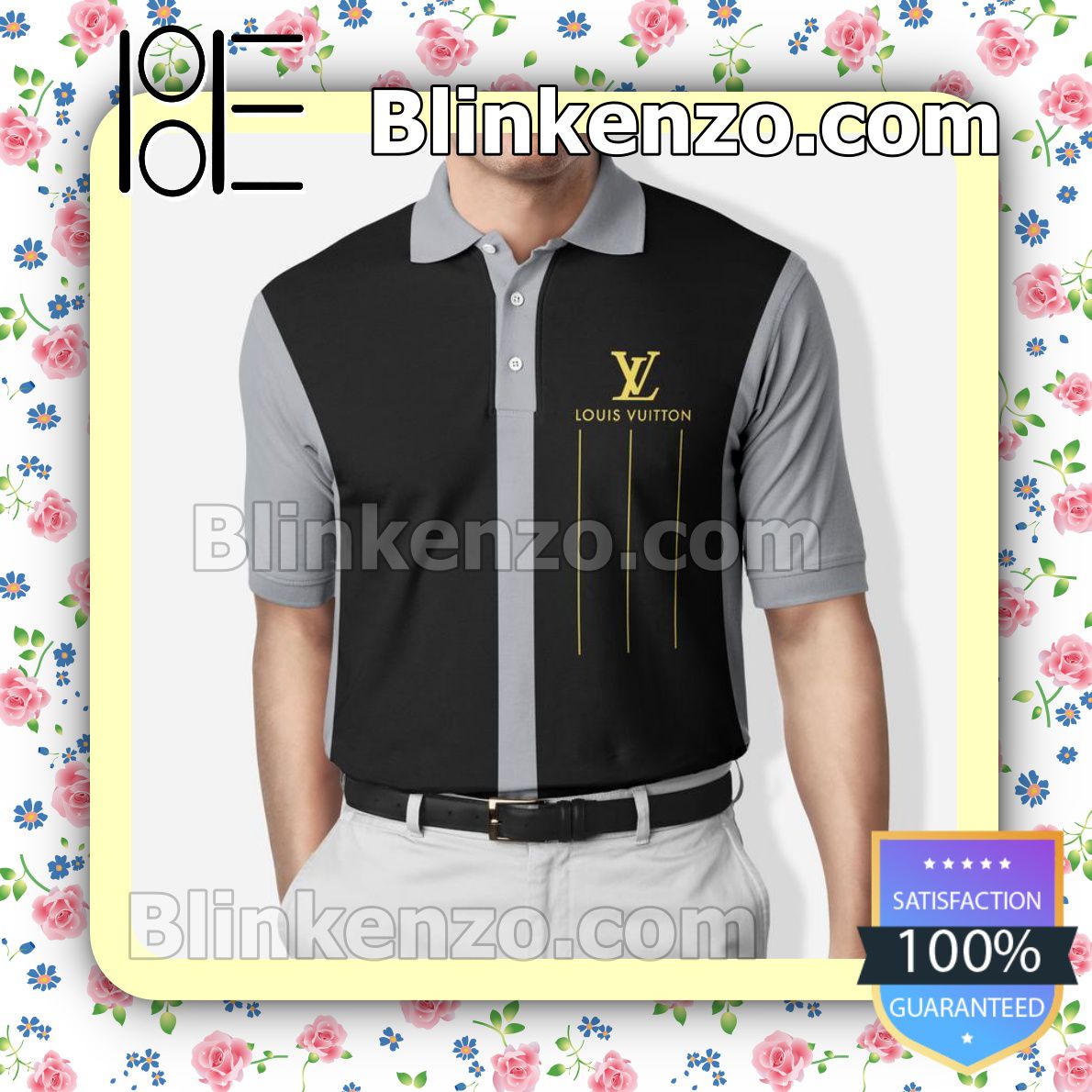 Lv Louis Vuitton Black Grey Embroidered Polo Shirts