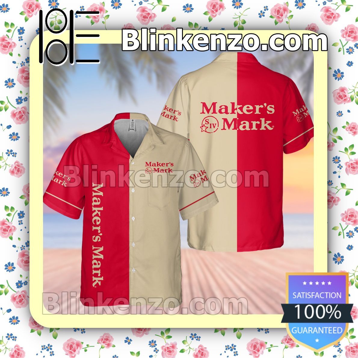 Maker's Mark Bourbon Red & Beige Summer Hawaiian Shirt, Mens Shorts