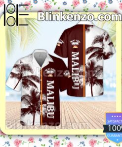 Malibu Liqueur Palm Tree Pattern White Brown Summer Hawaiian Shirt