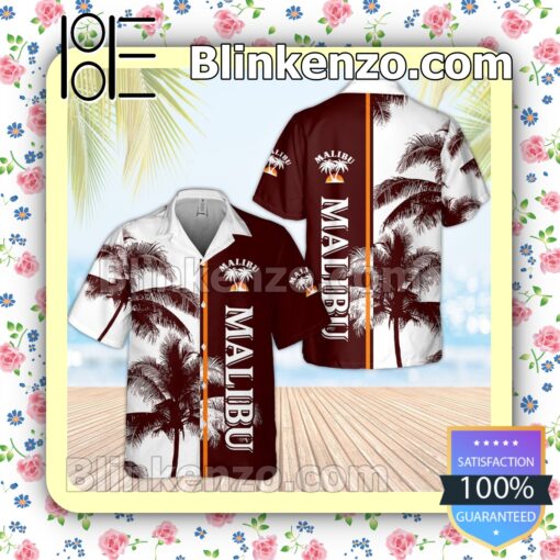 Malibu Liqueur Palm Tree Pattern White Brown Summer Hawaiian Shirt