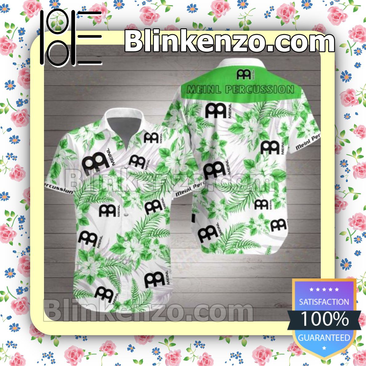 Meinl Percussion Green Tropical Floral White Summer Shirts