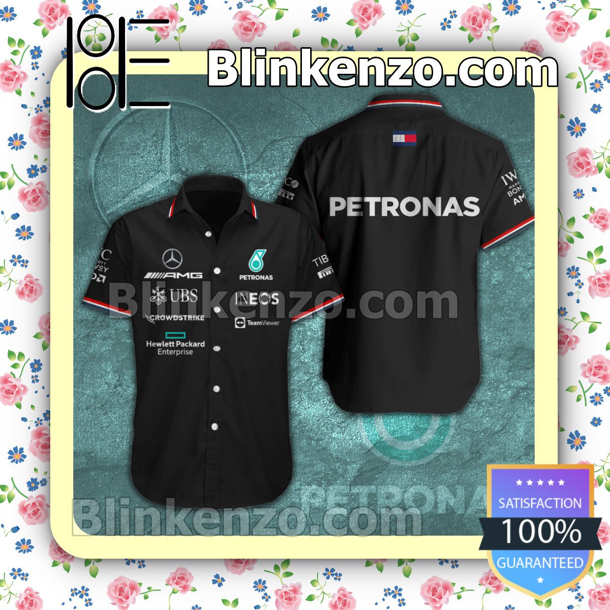 Mercedes AMG Petronas F1 Team Ineos UBS Black Summer Hawaiian Shirt, Mens Shorts