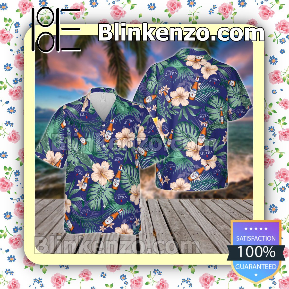 Michelob Ultra Beer Flowery Blue Summer Hawaiian Shirt, Mens Shorts