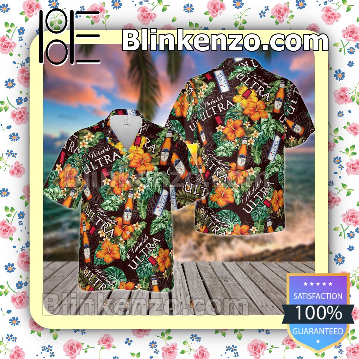 Michelob Ultra Beer Flowery Brown Summer Hawaiian Shirt, Mens Shorts