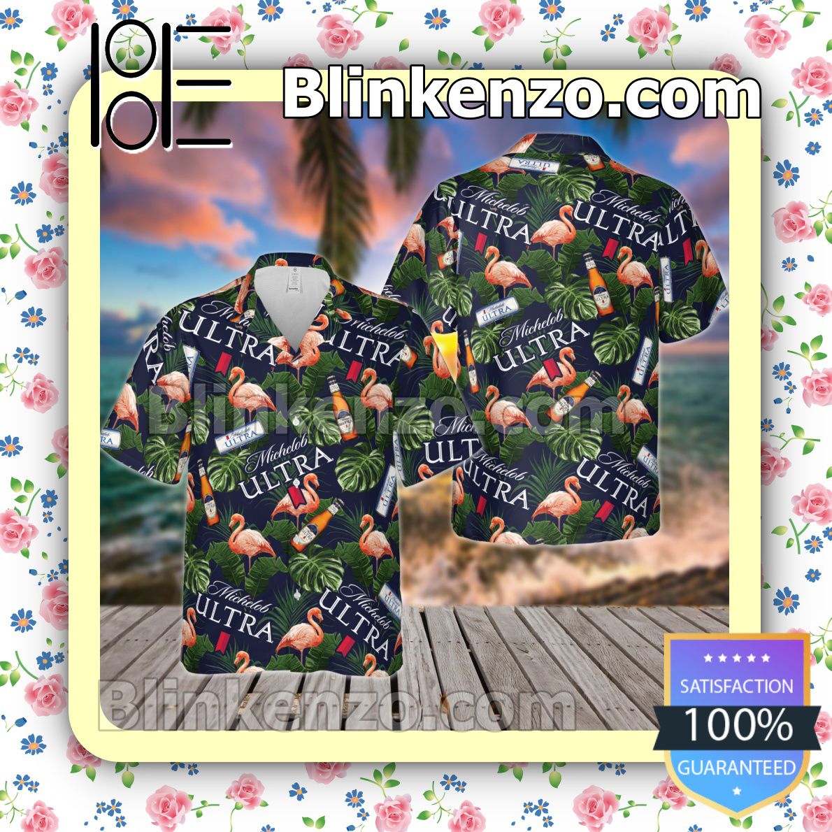 Michelob Ultra Flamingo Flowery Navy Summer Hawaiian Shirt, Mens Shorts