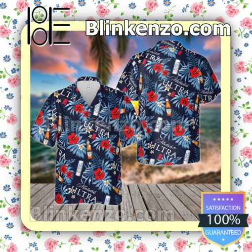 Michelob Ultra Flowery Navy Summer Hawaiian Shirt, Mens Shorts