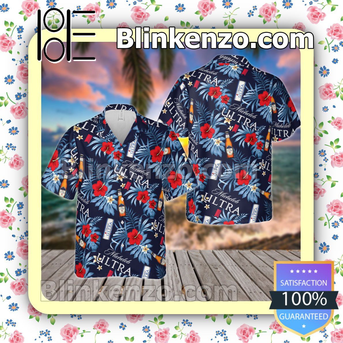 Michelob Ultra Flowery Navy Summer Hawaiian Shirt, Mens Shorts