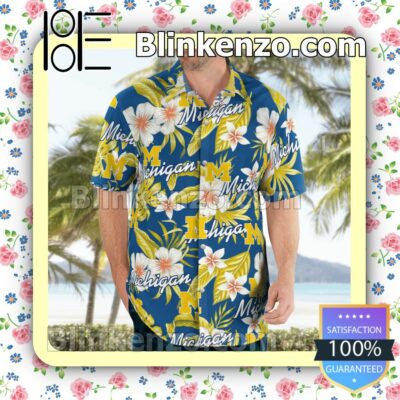 Michigan Wolverines Logo Flowery  Summer Hawaiian Shirt, Mens Shorts a
