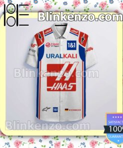 Mick Schumacher Haas F1 Team Racing Uralkali Alpinestars 1&1 White Summer Hawaiian Shirt a
