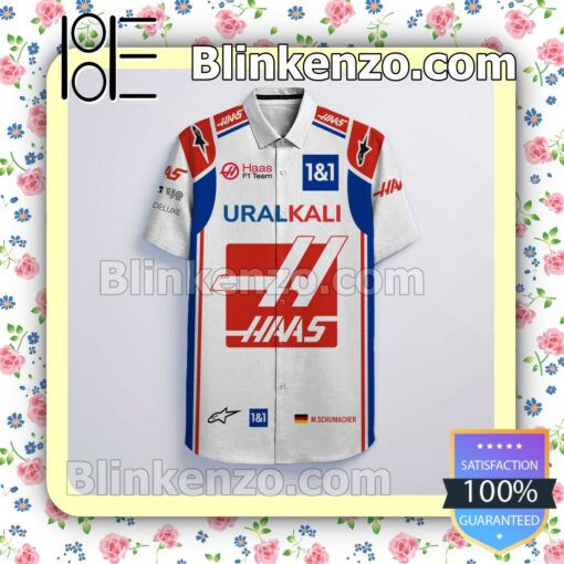 Mick Schumacher Haas F1 Team Racing Uralkali Alpinestars 1&1 White Summer Hawaiian Shirt a